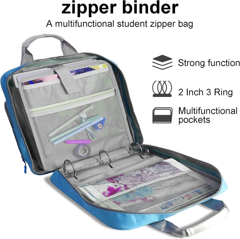 CTWWFS 2 Inch 3 Ring Zipper Binder - Trapper Keeper Binder with Strap - 500 Sheet Capacity & Multi-Pockets for School and Office (Blue) - Image 2